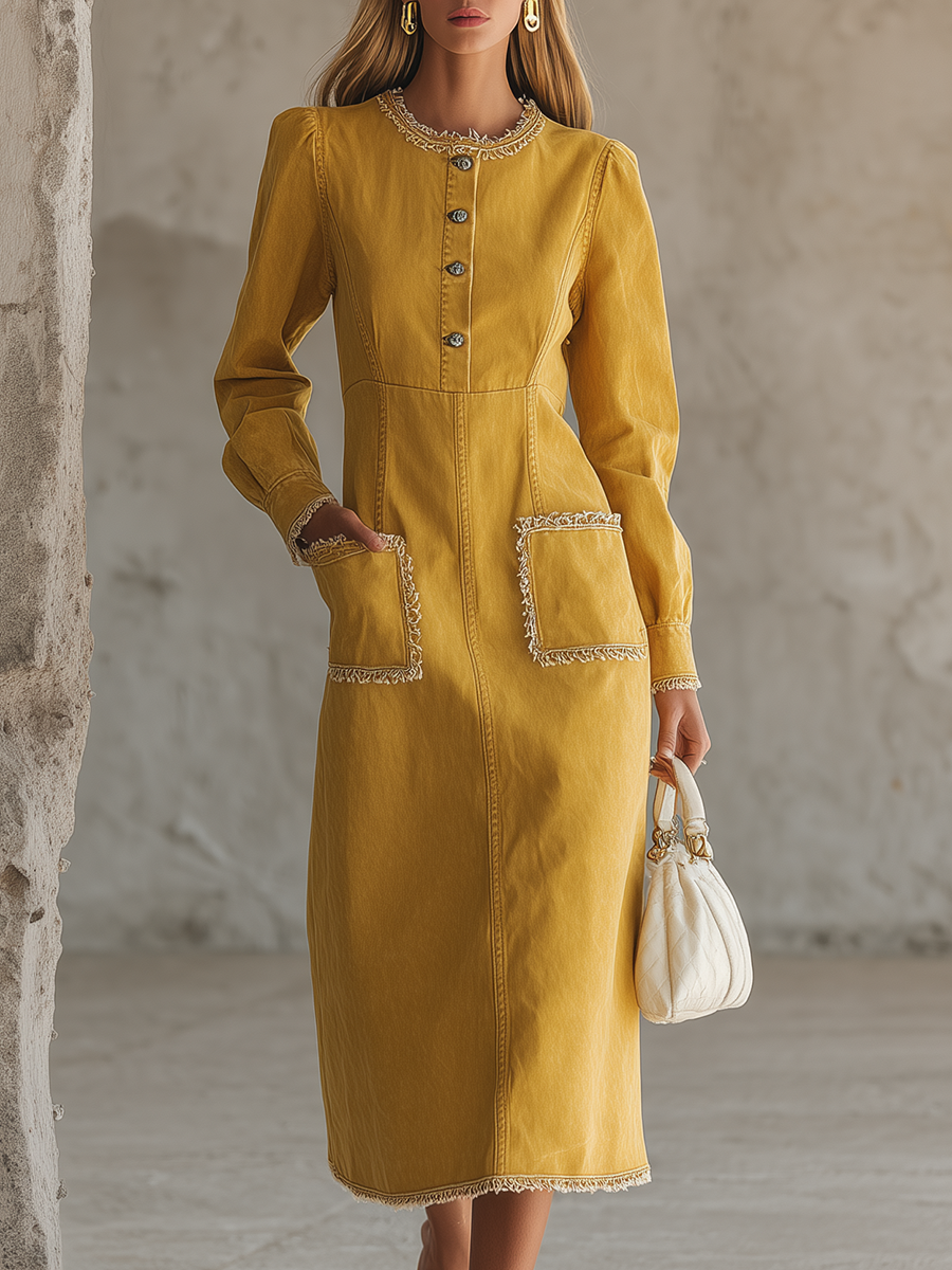 Mustard Utility Maxi Dress Button Front Patch Pocket Long Dress