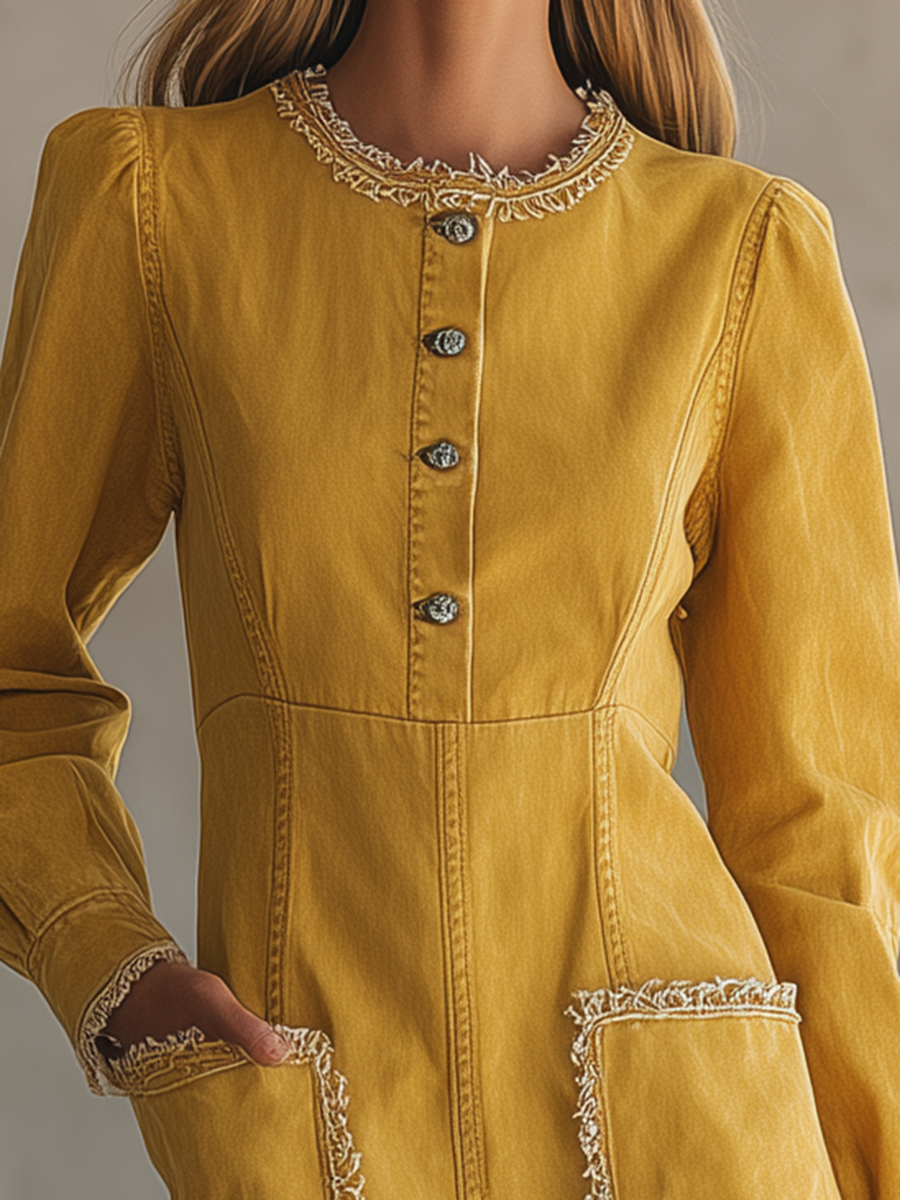 Mustard Utility Maxi Dress Button Front Patch Pocket Long Dress