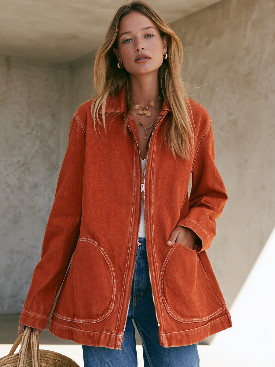 Rust Washed Utility Jacket Zip Front Oversized Pocket Coat