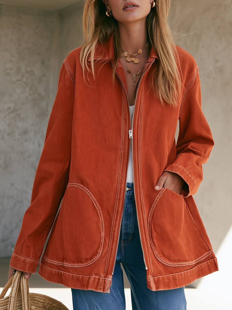 Rust Washed Utility Jacket Zip Front Oversized Pocket Coat