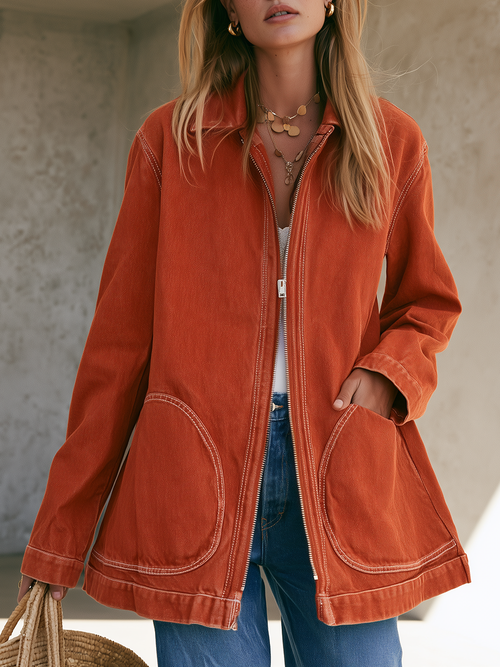 Rust Washed Utility Jacket Zip Front Oversized Pocket Coat