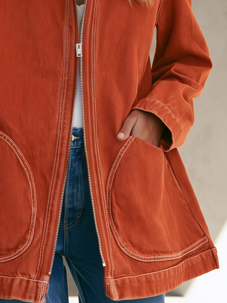 Rust Washed Utility Jacket Zip Front Oversized Pocket Coat