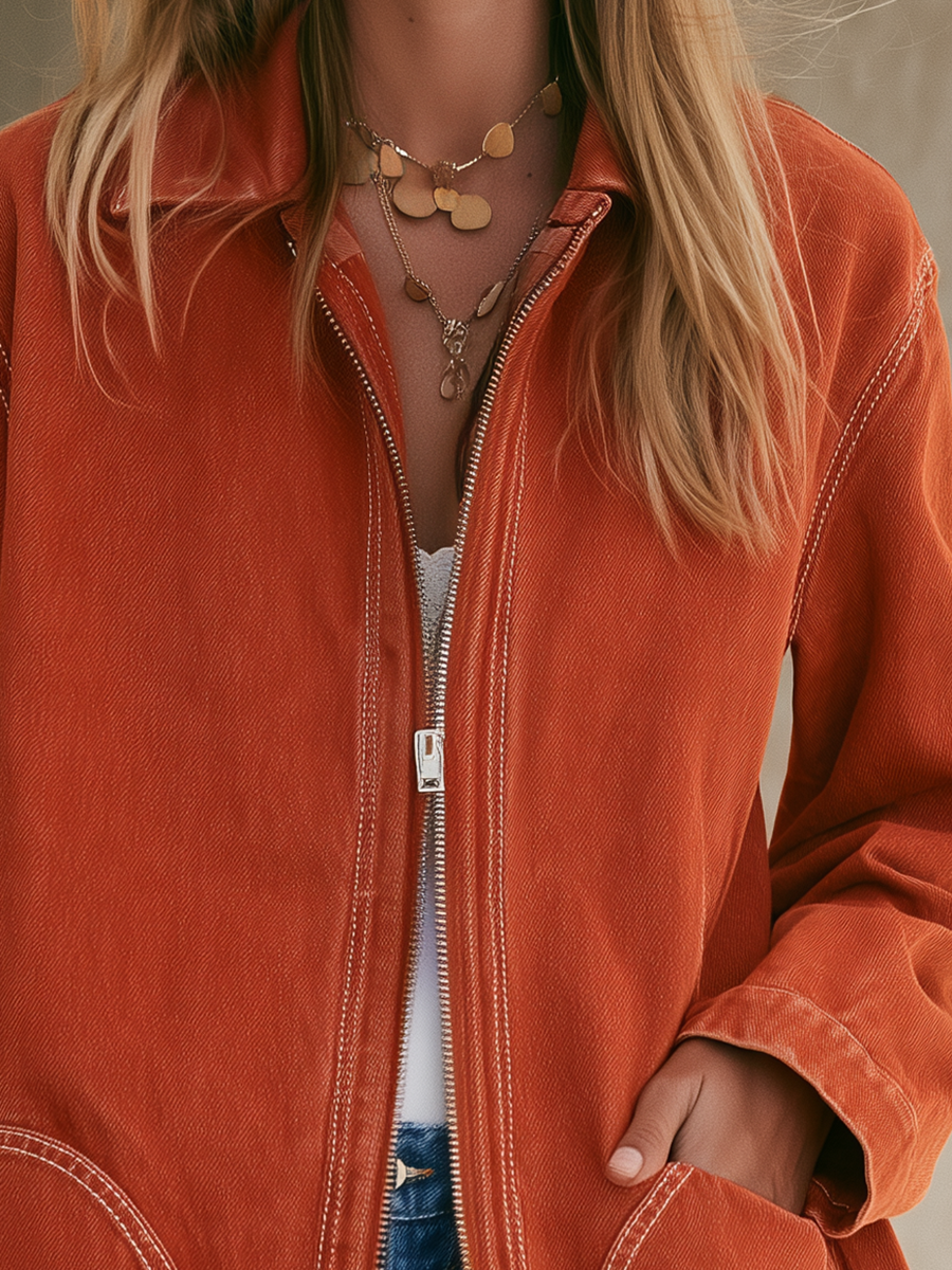 Rust Washed Utility Jacket Zip Front Oversized Pocket Coat