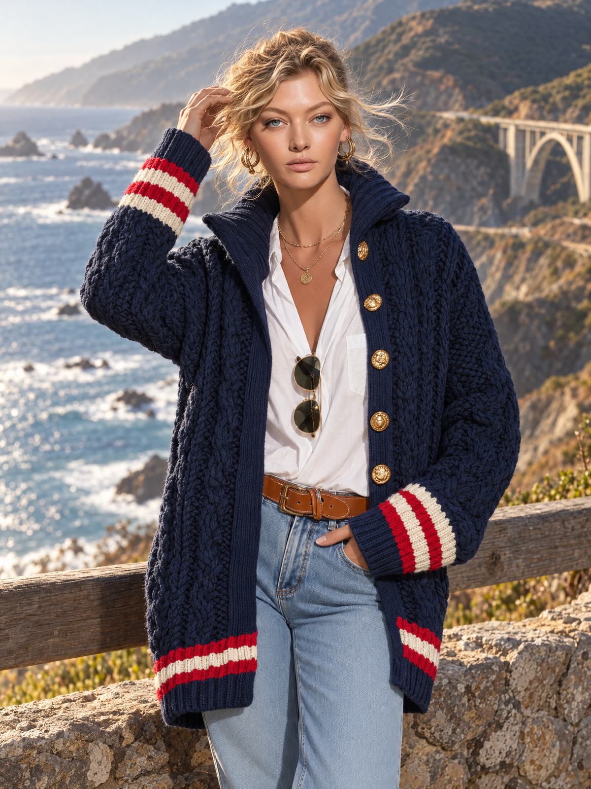 Preppy Chic Women's Navy Chunky Cable Knit Cardigan Gold Button Striped Trim