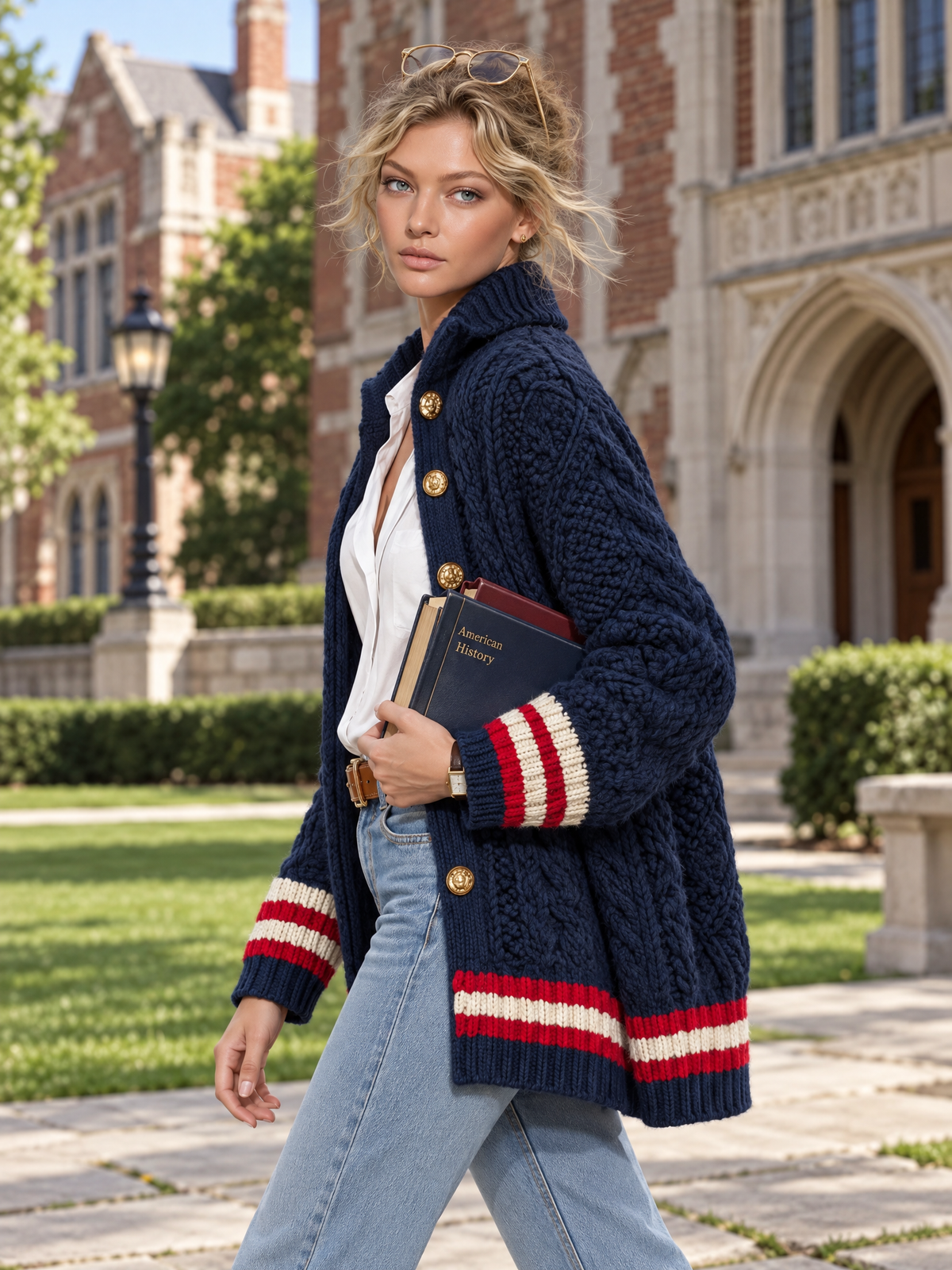 Preppy Chic Women's Navy Chunky Cable Knit Cardigan Gold Button Striped Trim
