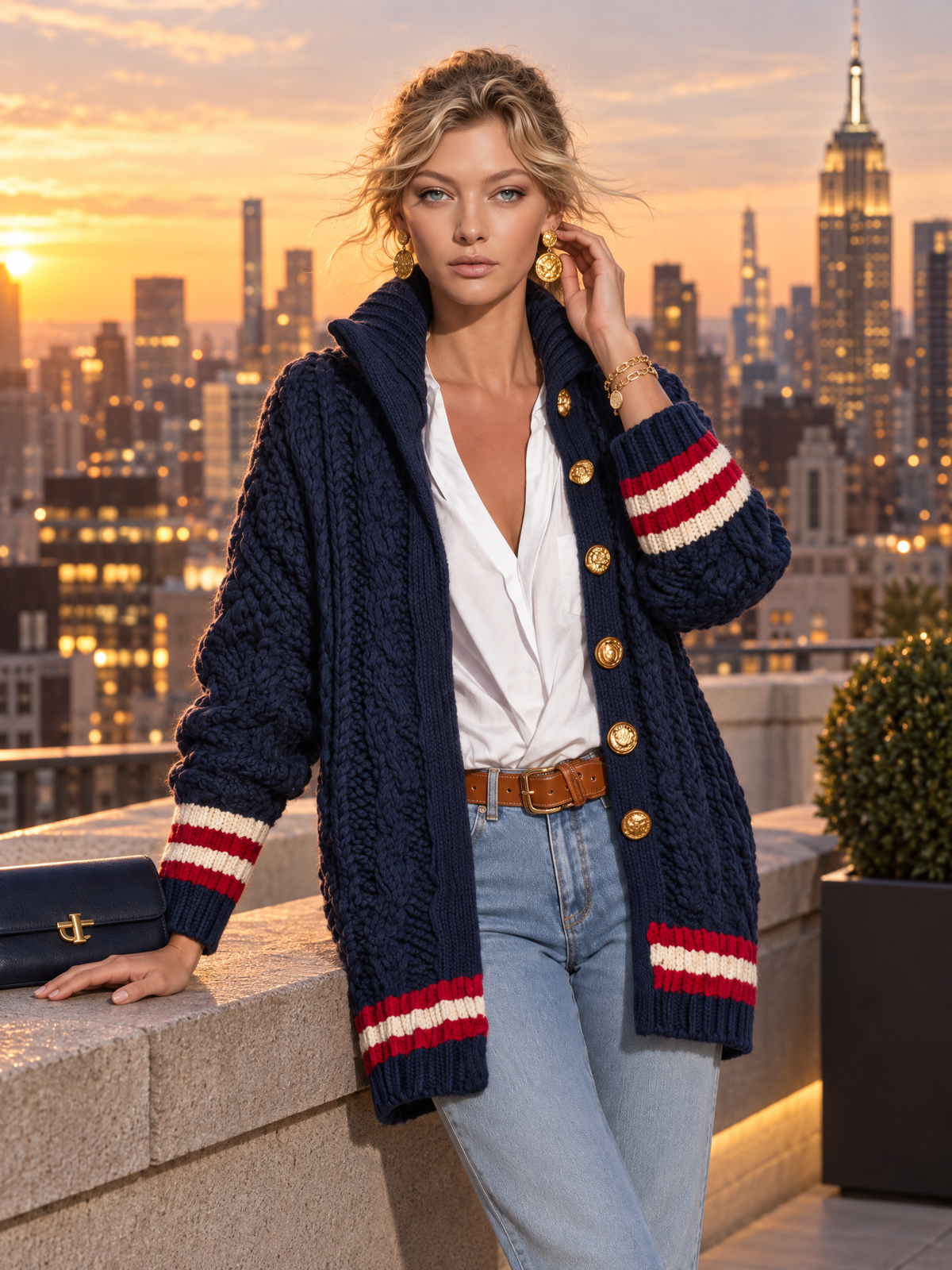 Preppy Chic Women's Navy Chunky Cable Knit Cardigan Gold Button Striped Trim