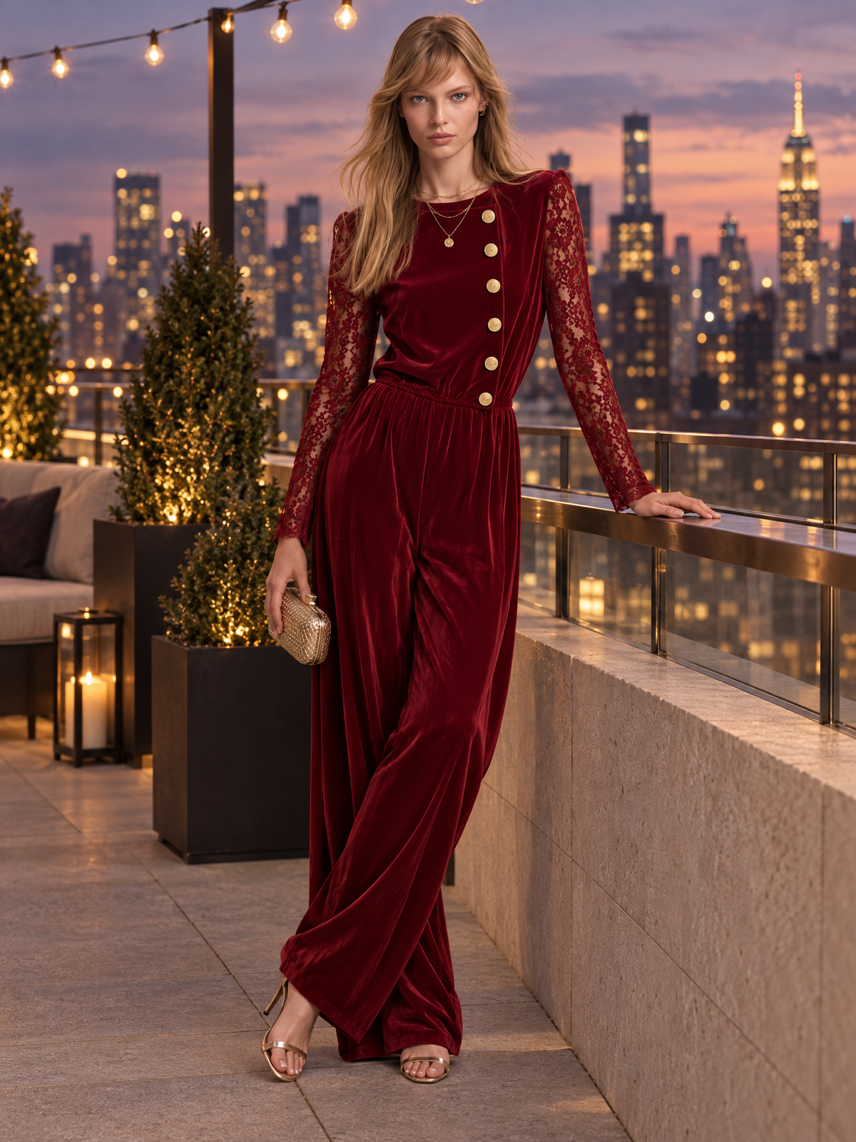 Vintage-style Velvet Jumpsuit With Exquisite Elegant Lace Sleeves