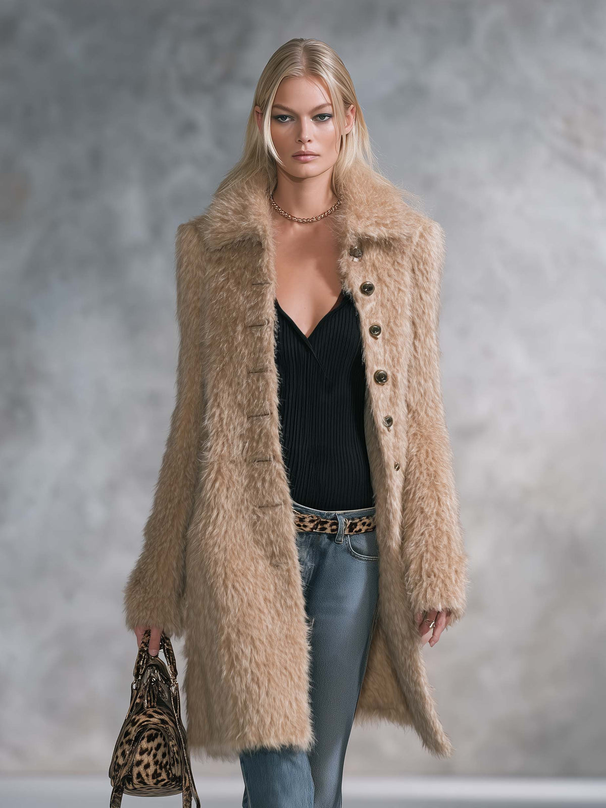Vintage Glam Women's Camel Faux Fur Teddy Coat Long Button-Front Fuzzy Overcoat