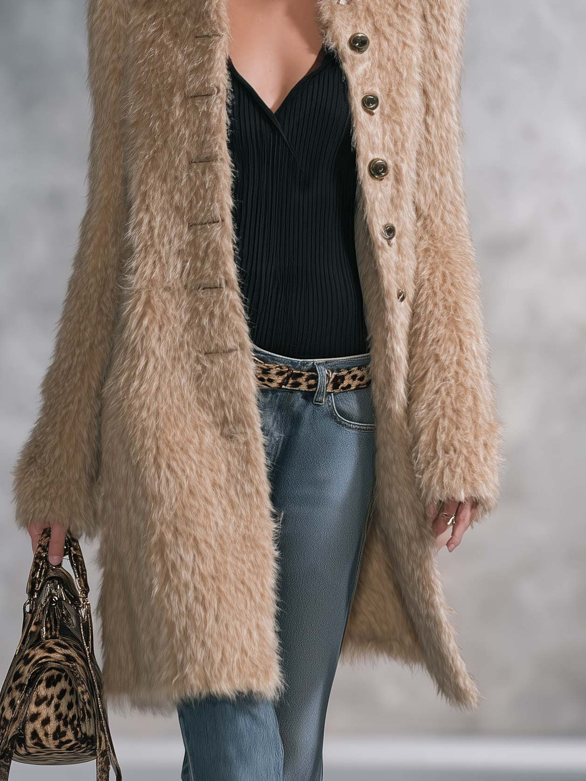 Vintage Glam Women's Camel Faux Fur Teddy Coat Long Button-Front Fuzzy Overcoat