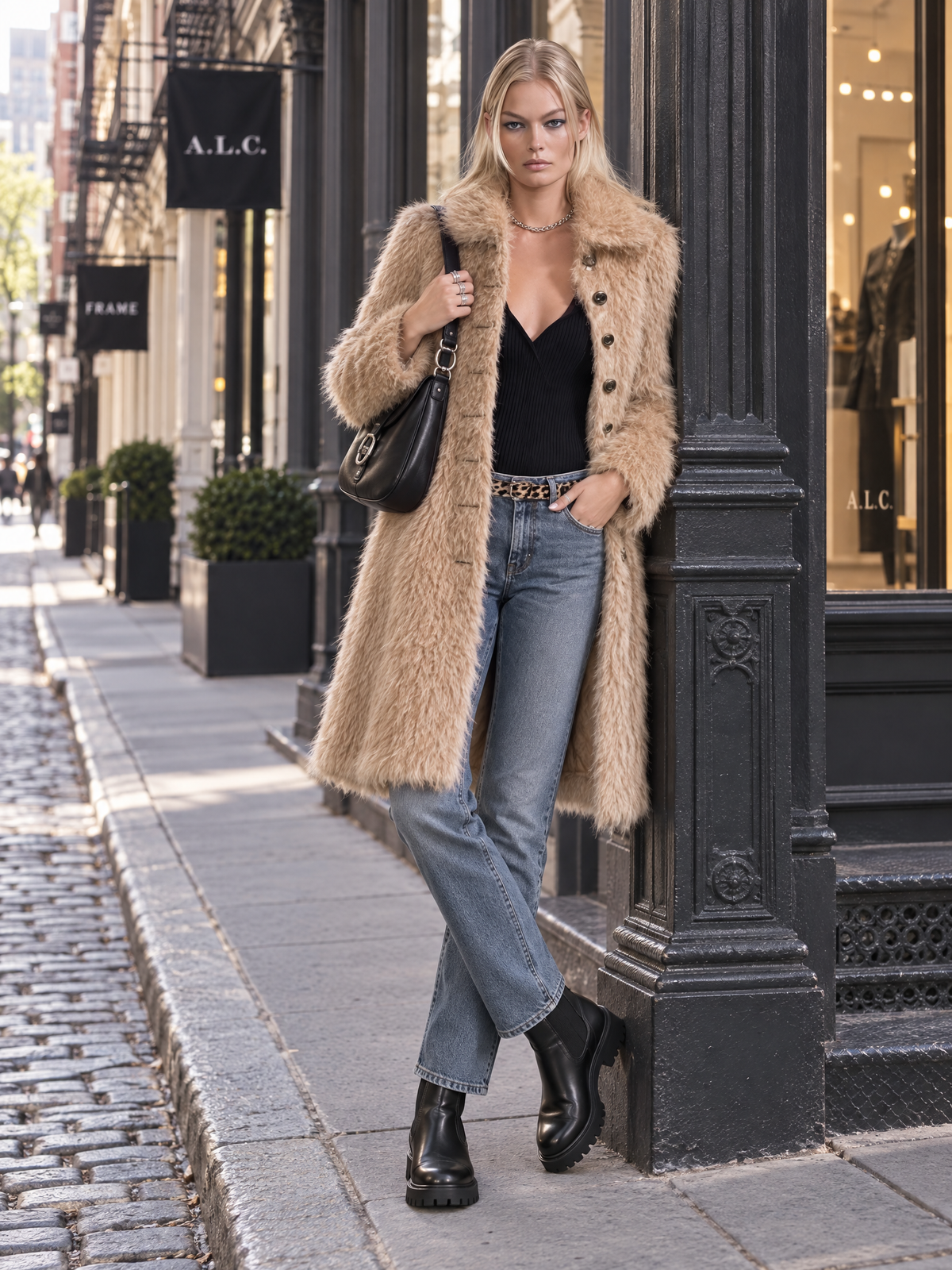 Vintage Glam Women's Camel Faux Fur Teddy Coat Long Button-Front Fuzzy Overcoat