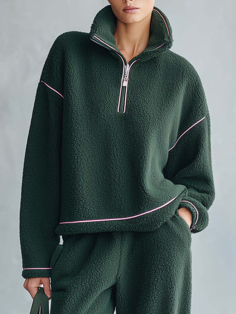Cozy Chic Women's Half Zip Sherpa Fleece 2 Piece Lounge Set Wide Leg