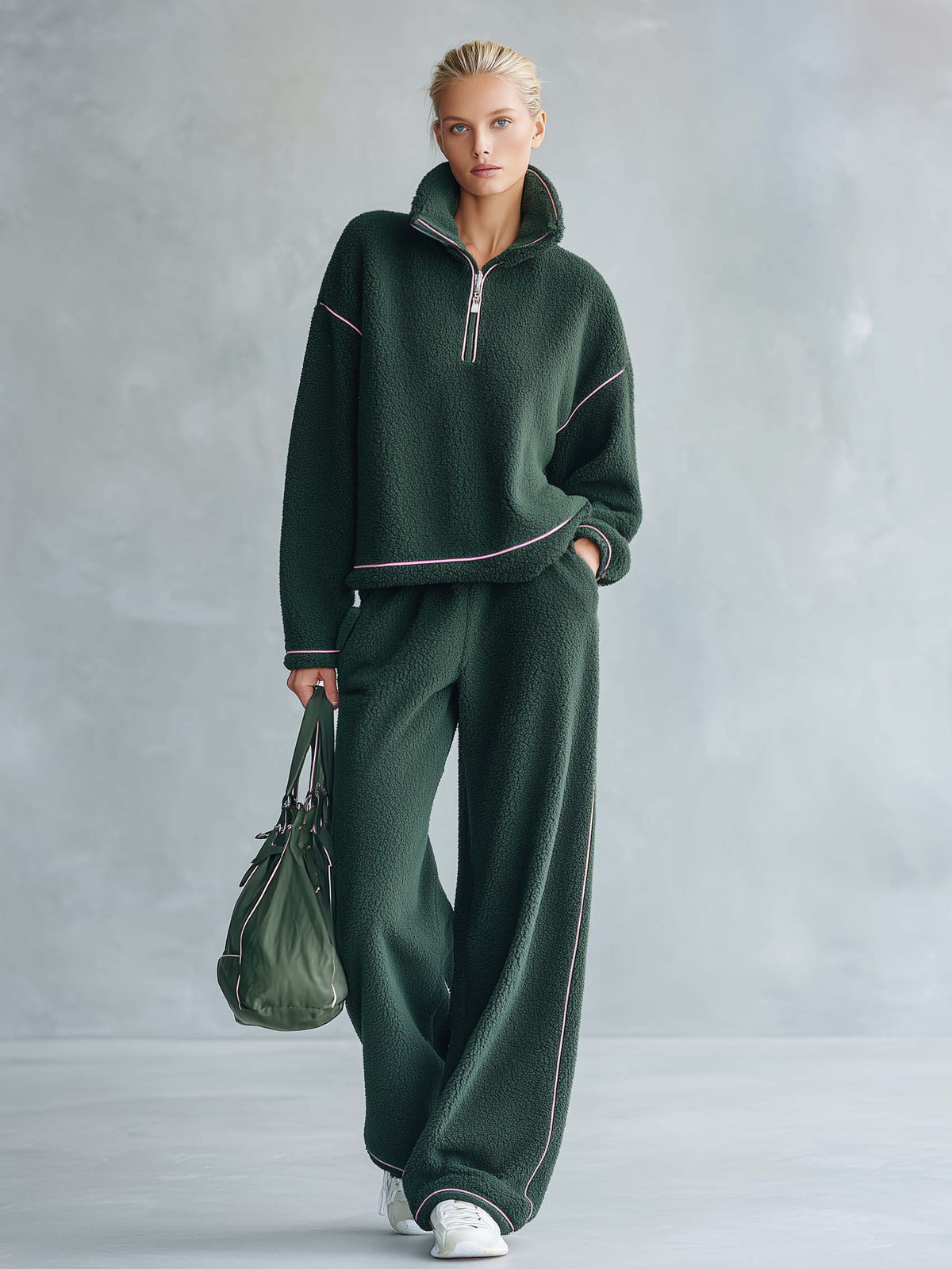 Cozy Chic Women's Half Zip Sherpa Fleece 2 Piece Lounge Set Wide Leg