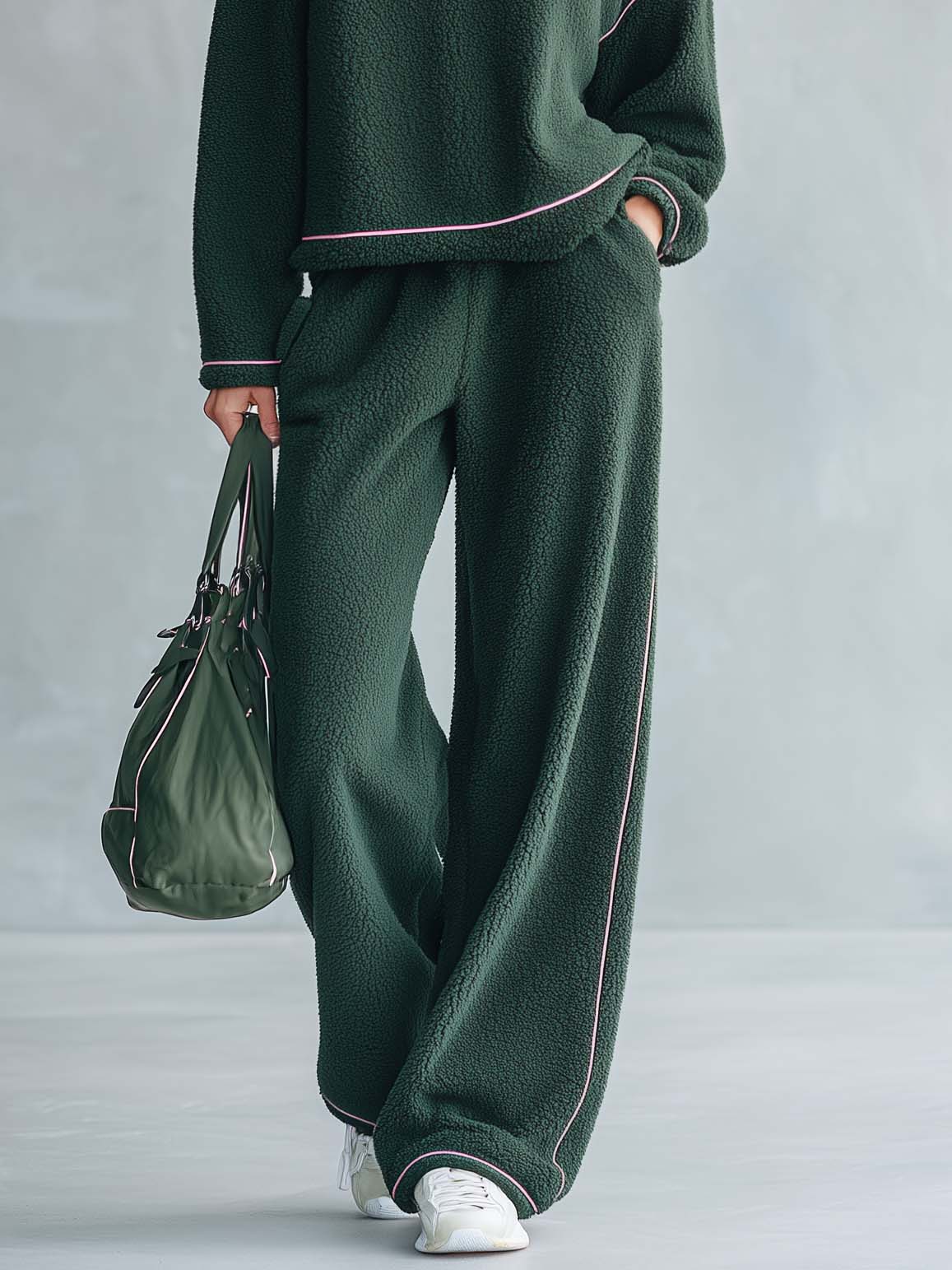 Cozy Chic Women's Half Zip Sherpa Fleece 2 Piece Lounge Set Wide Leg