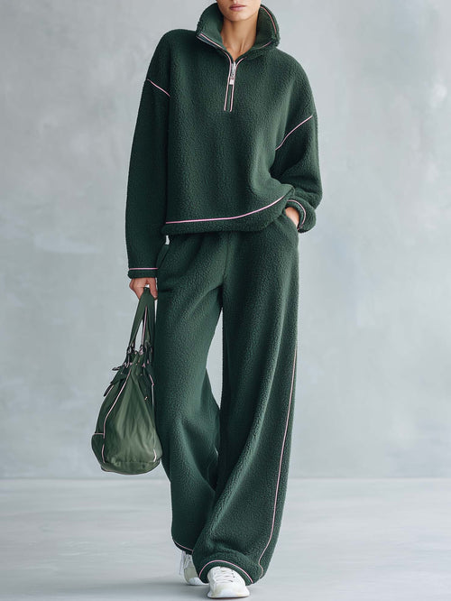 Cozy Chic Women's Half Zip Sherpa Fleece 2 Piece Lounge Set Wide Leg