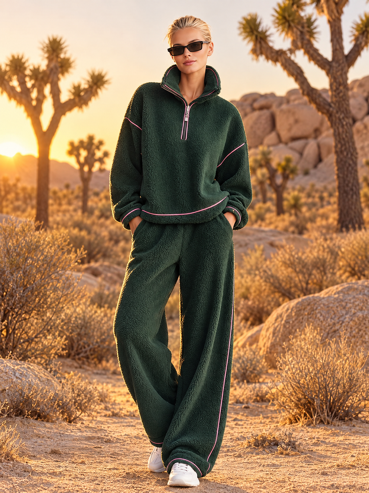 Cozy Chic Women's Half Zip Sherpa Fleece 2 Piece Lounge Set Wide Leg