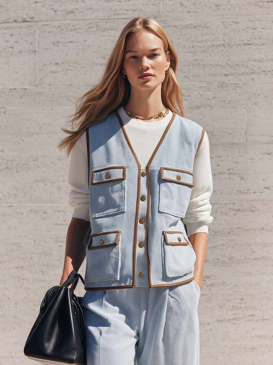 Women's Light Wash Denim Vest V Neck Faux Leather Trim Pockets