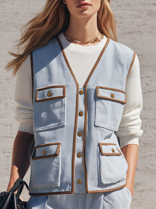 Women's Light Wash Denim Vest V Neck Faux Leather Trim Pockets