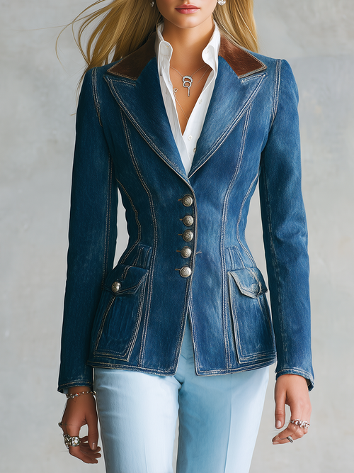 Women's Fitted Denim Blazer Suede Collar Concho Buttons Tailored Western Jacket