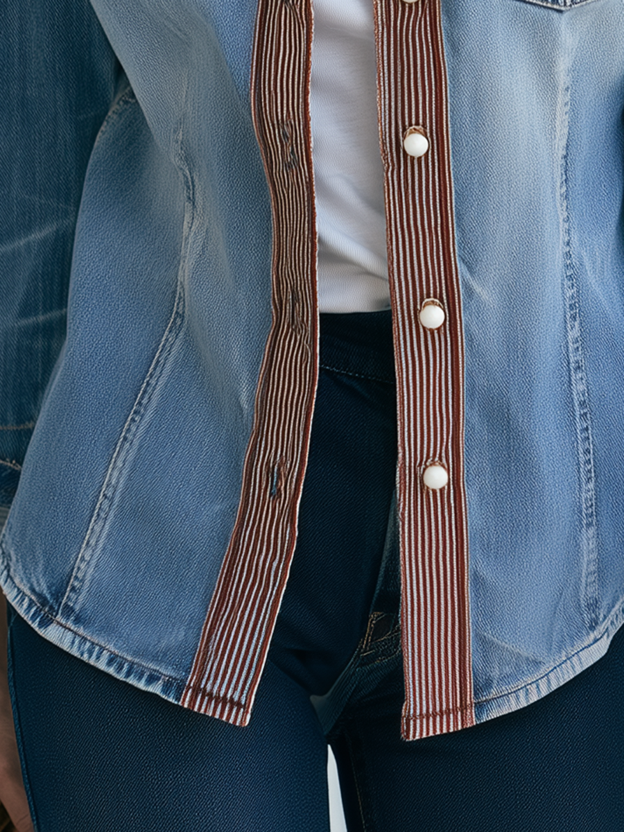Women's Western Denim Shirt Pearl Snap Striped Placket Fitted Chest Pocket