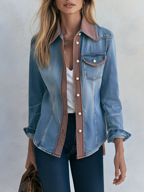 Women's Western Denim Shirt Pearl Snap Striped Placket Fitted Chest Pocket