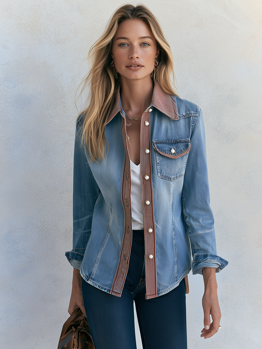 Women's Western Denim Shirt Pearl Snap Striped Placket Fitted Chest Pocket