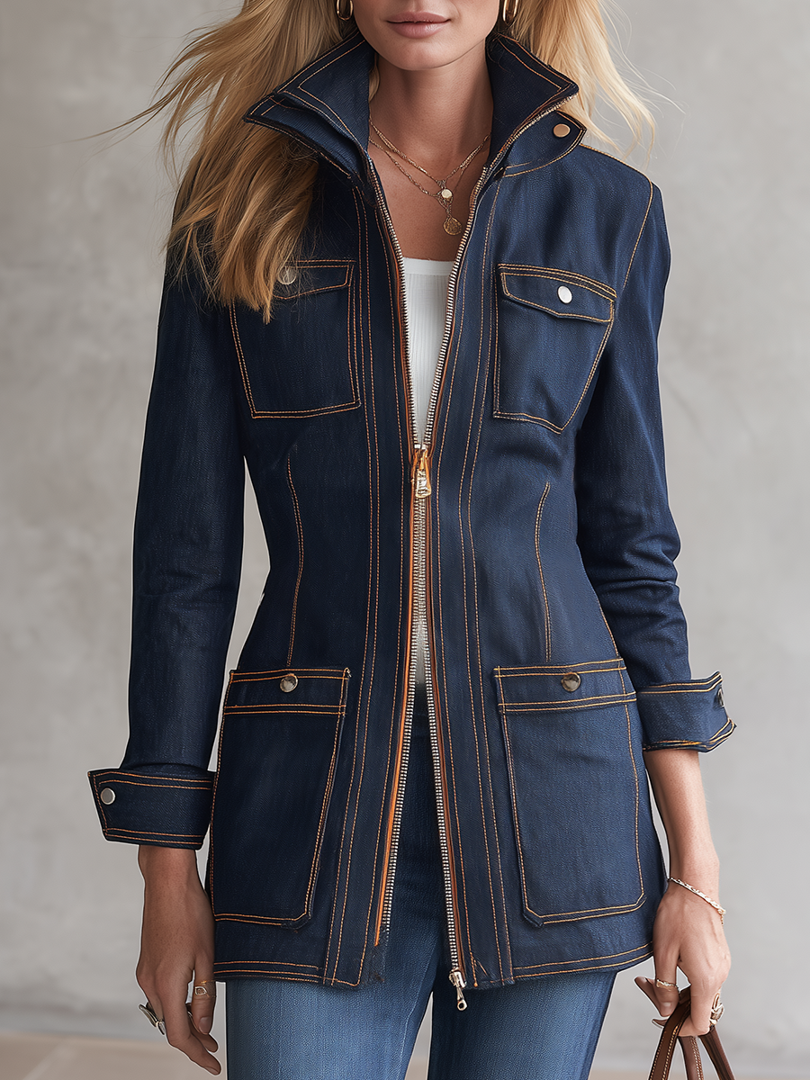 Women's Dark Wash Denim Utility Jacket Zip Front Contrast Stitch Stand Collar