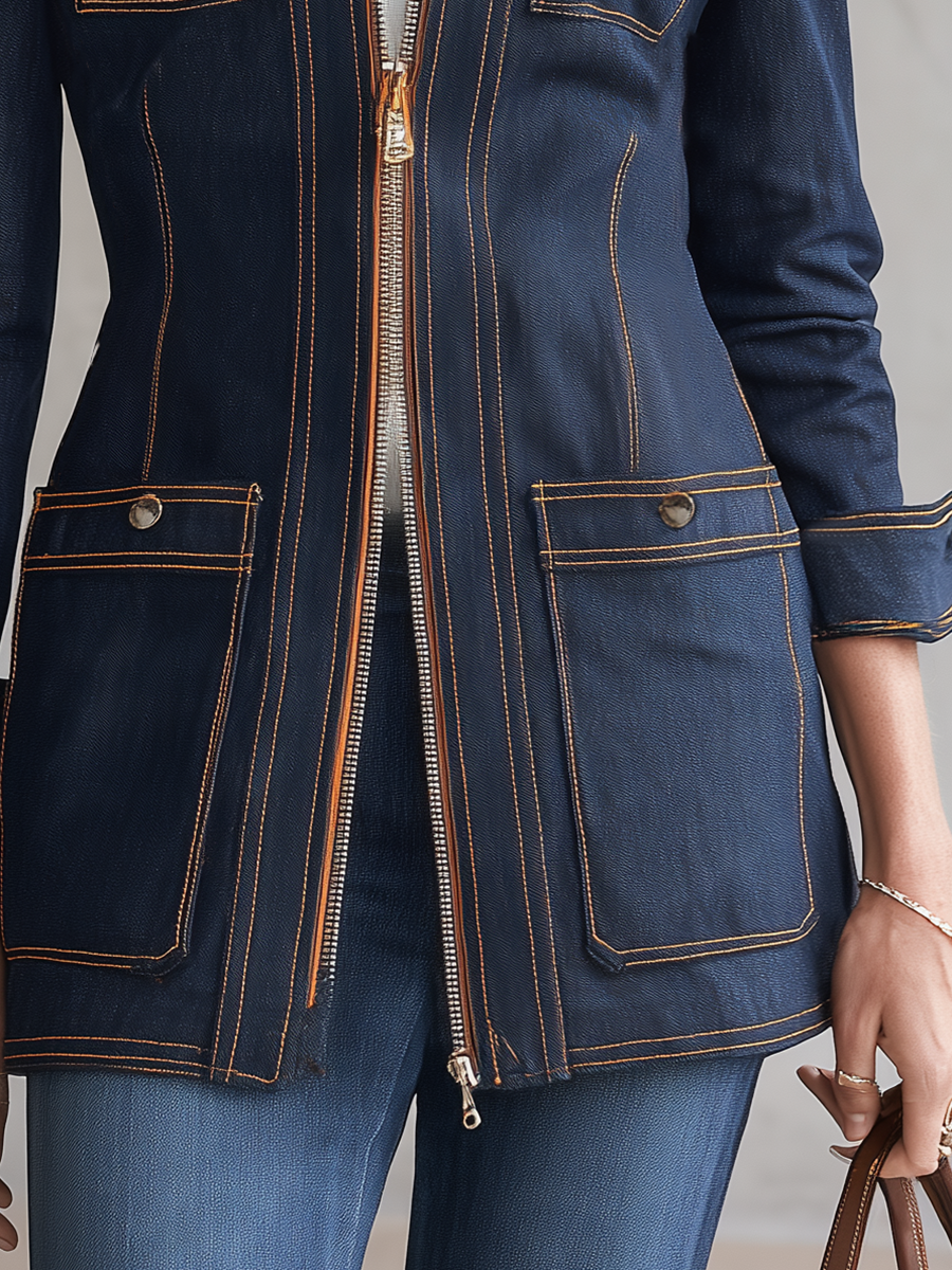 Women's Dark Wash Denim Utility Jacket Zip Front Contrast Stitch Stand Collar