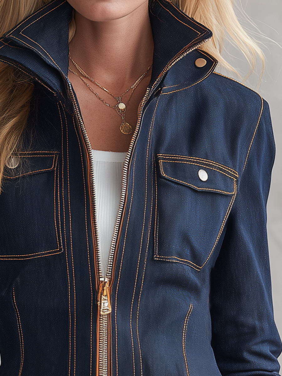 Women's Dark Wash Denim Utility Jacket Zip Front Contrast Stitch Stand Collar