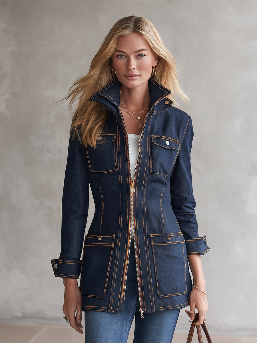 Women's Dark Wash Denim Utility Jacket Zip Front Contrast Stitch Stand Collar