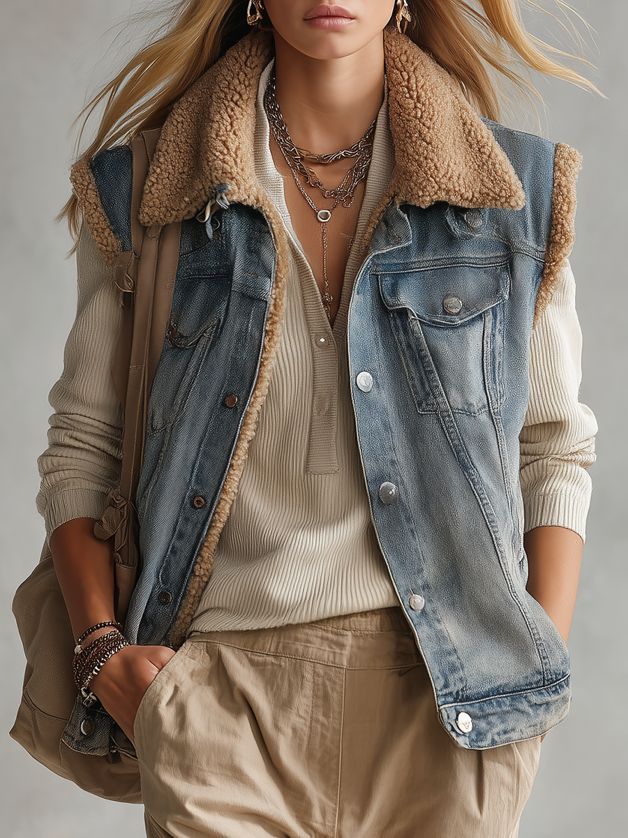 Women's Sherpa Lined Denim Vest Trucker Collar Button Front Sleeveless Jacket