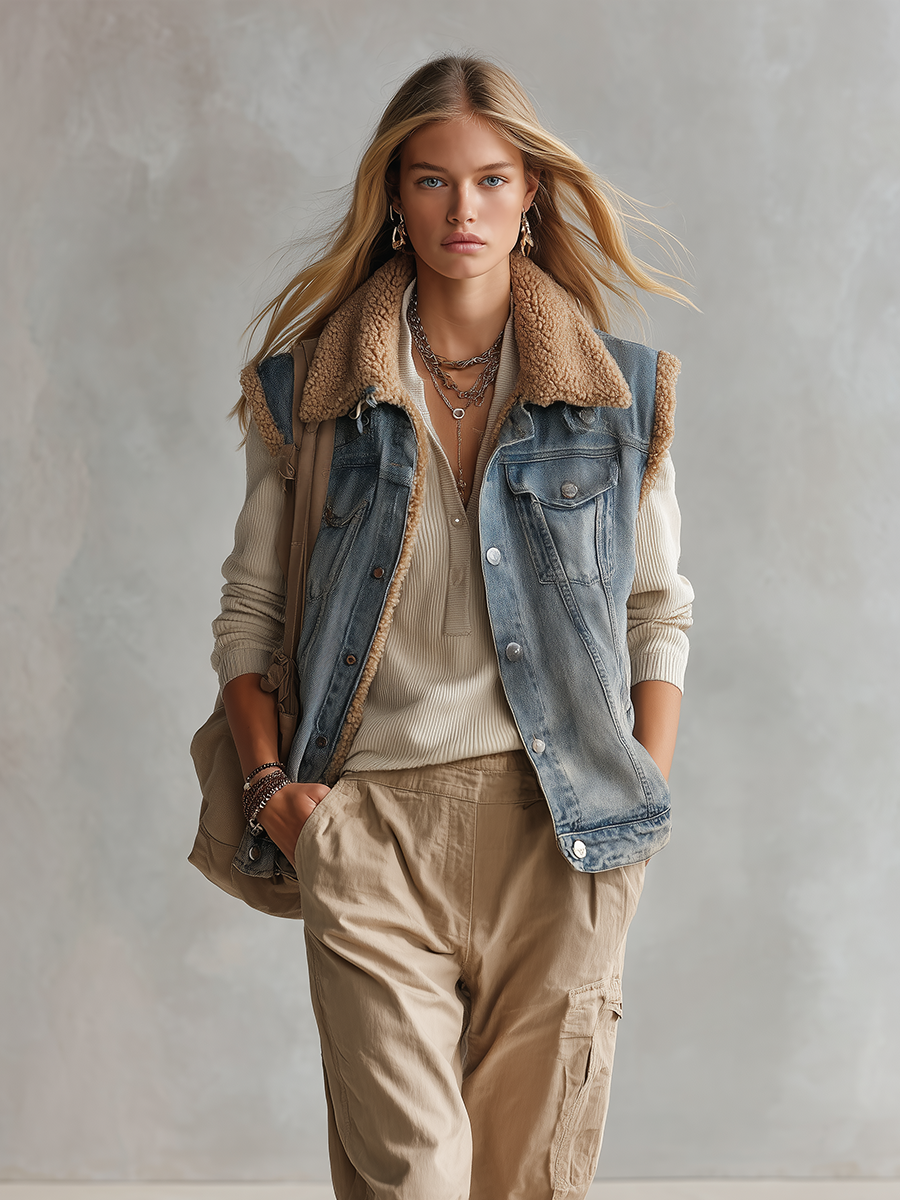 Women's Sherpa Lined Denim Vest Trucker Collar Button Front Sleeveless Jacket