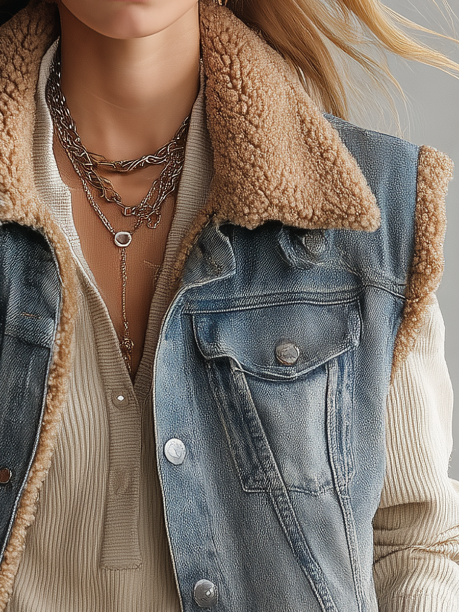 Women's Sherpa Lined Denim Vest Trucker Collar Button Front Sleeveless Jacket