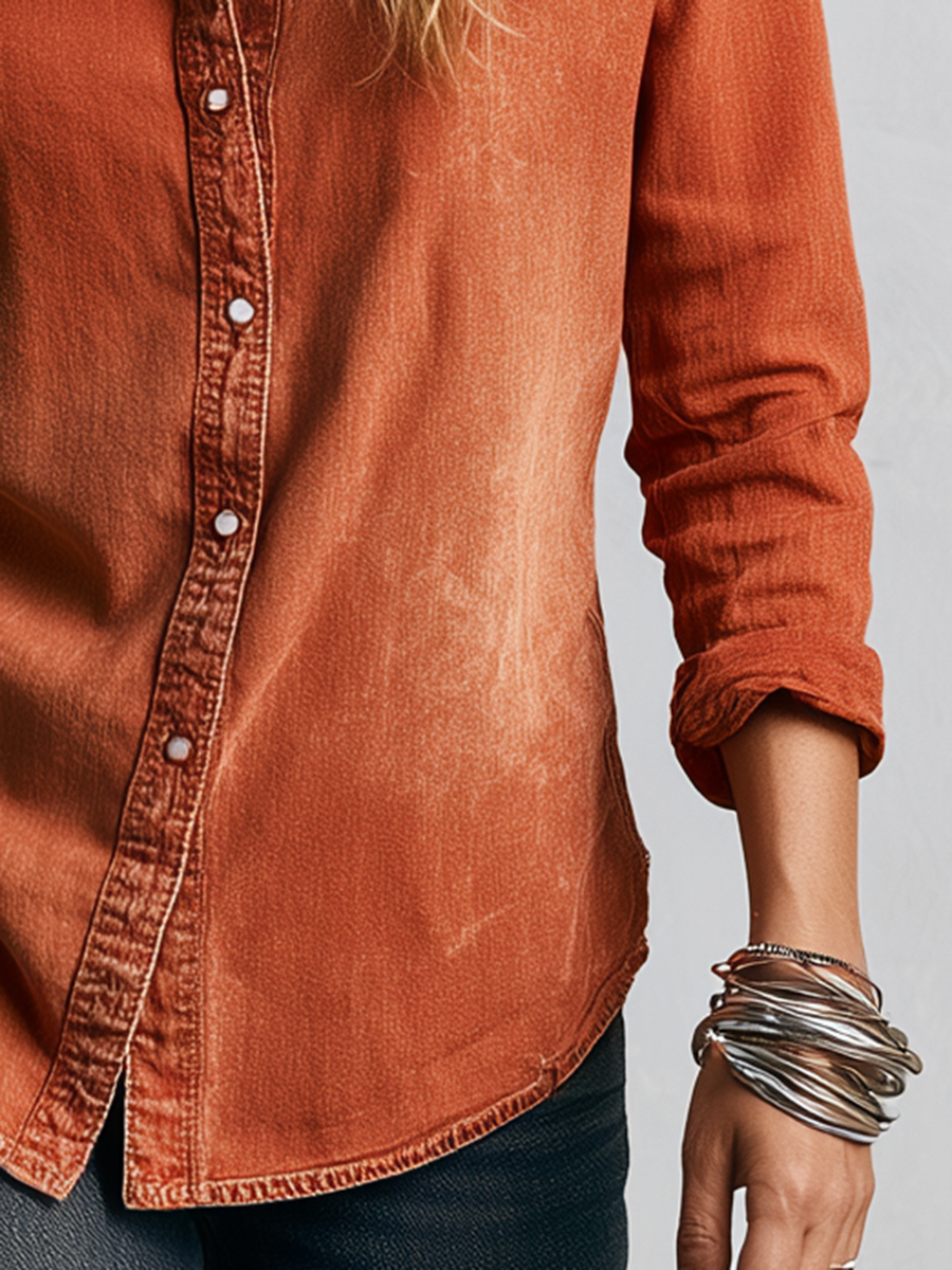 Women's Mineral Wash Button Down Shirt Rust Soft Cotton Relaxed Fit