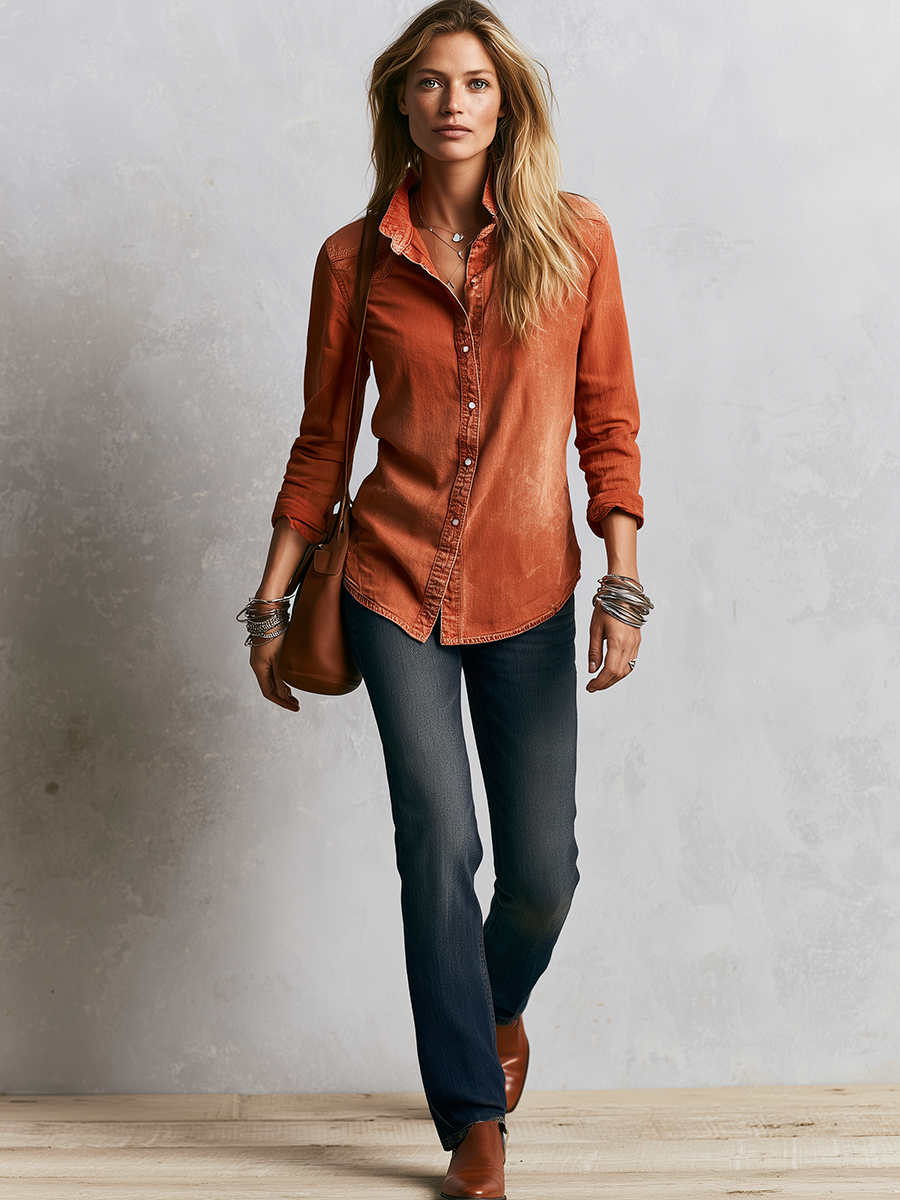 Women's Mineral Wash Button Down Shirt Rust Soft Cotton Relaxed Fit
