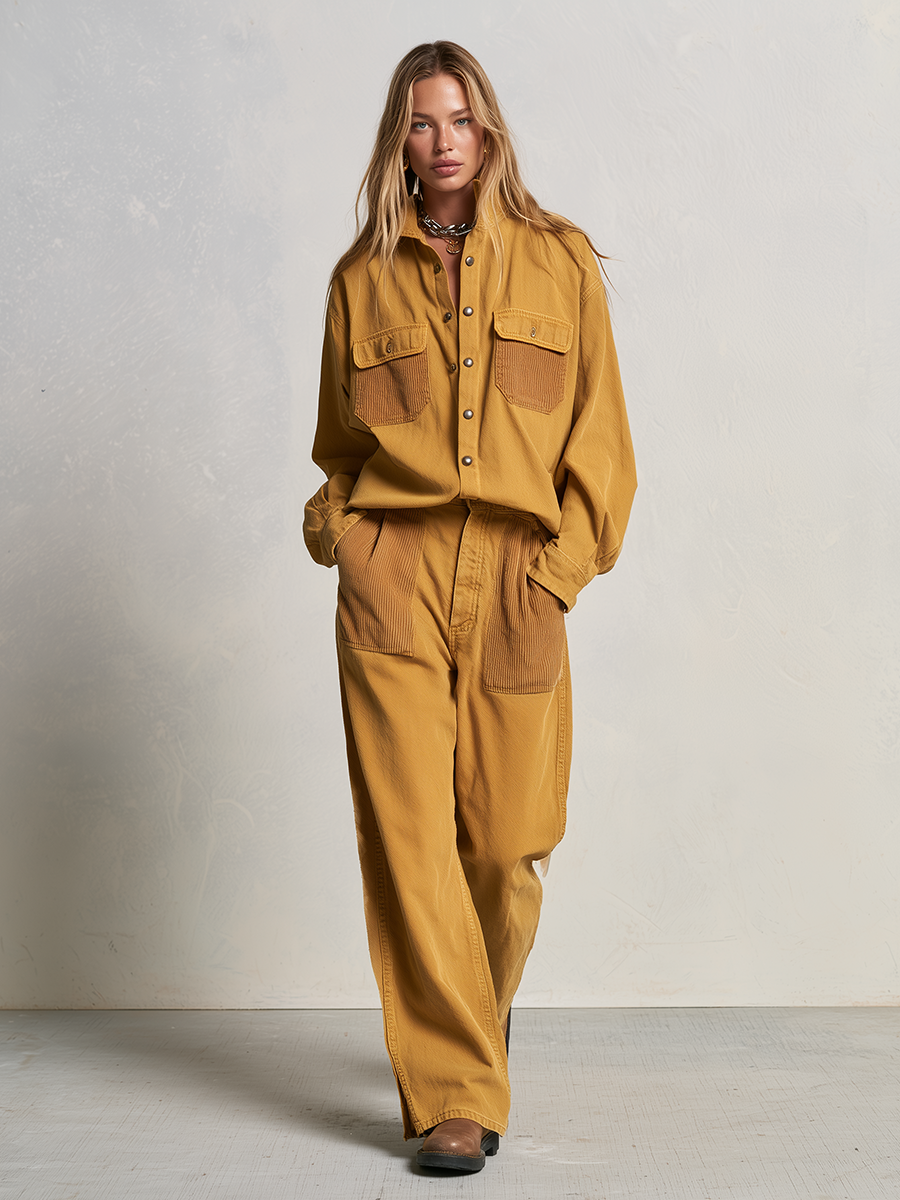 Women's Mustard Shirt Wide Leg Pants Set Corduroy Trim Utility Pockets