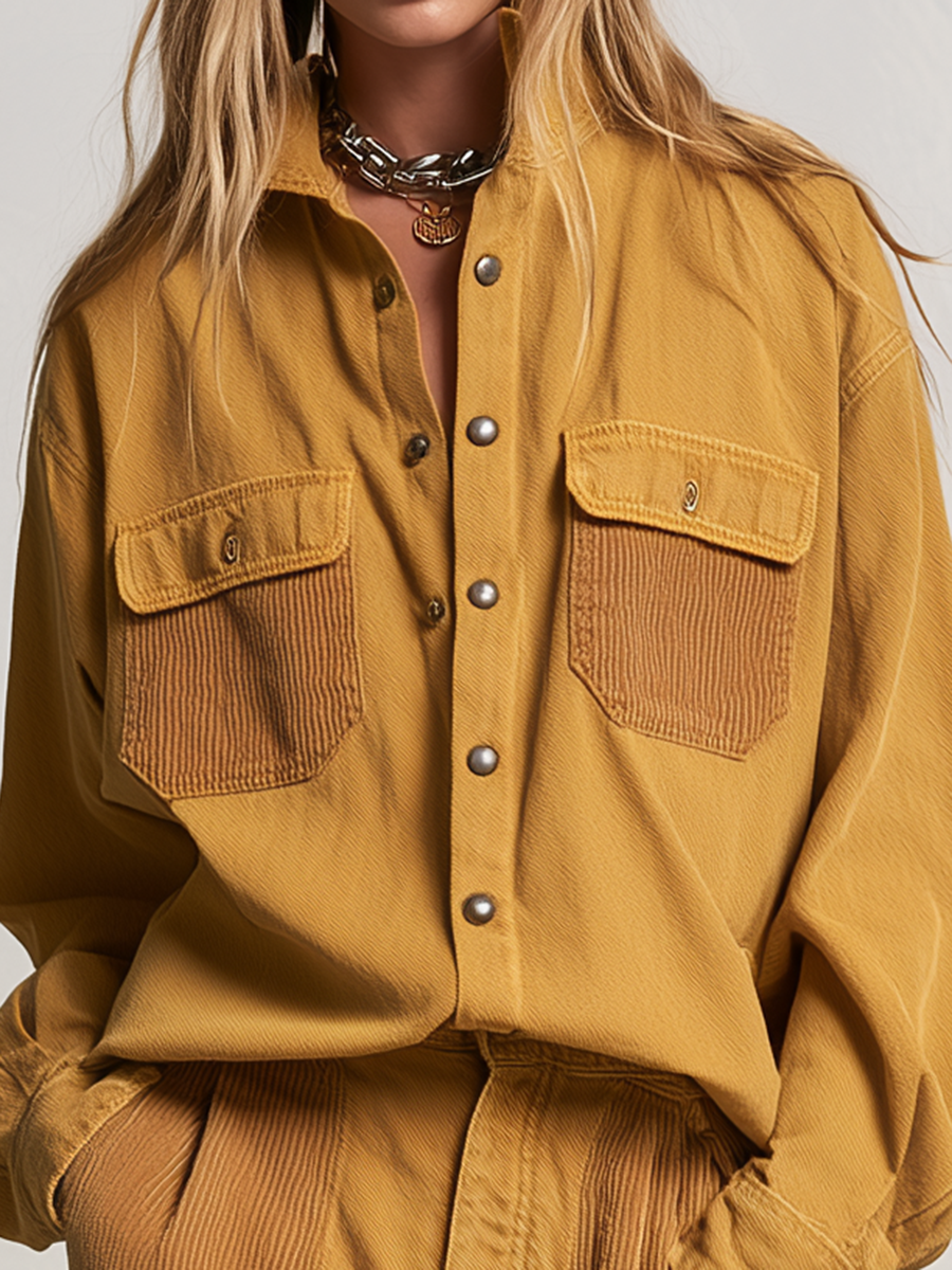 Women's Mustard Shirt Wide Leg Pants Set Corduroy Trim Utility Pockets