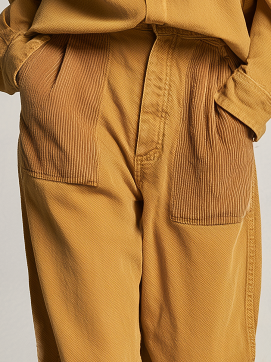 Women's Mustard Shirt Wide Leg Pants Set Corduroy Trim Utility Pockets