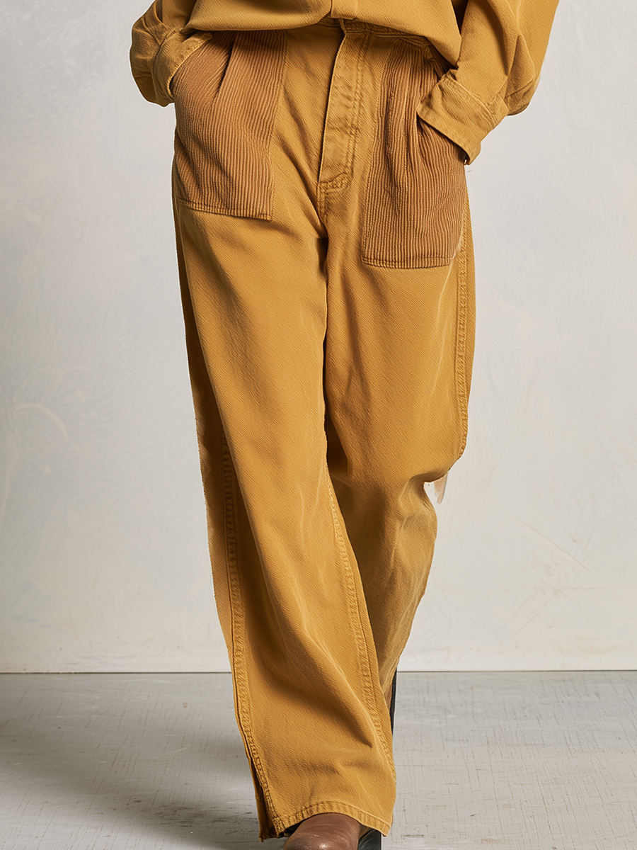 Women's Mustard Shirt Wide Leg Pants Set Corduroy Trim Utility Pockets