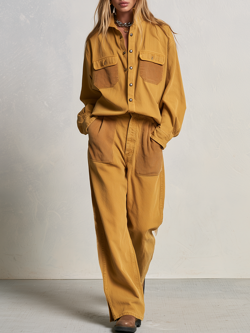 Women's Mustard Shirt Wide Leg Pants Set Corduroy Trim Utility Pockets