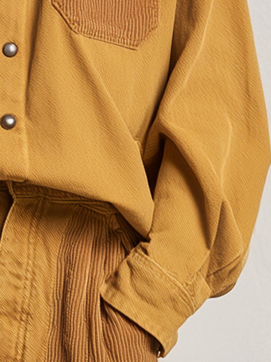 Women's Mustard Shirt Wide Leg Pants Set Corduroy Trim Utility Pockets