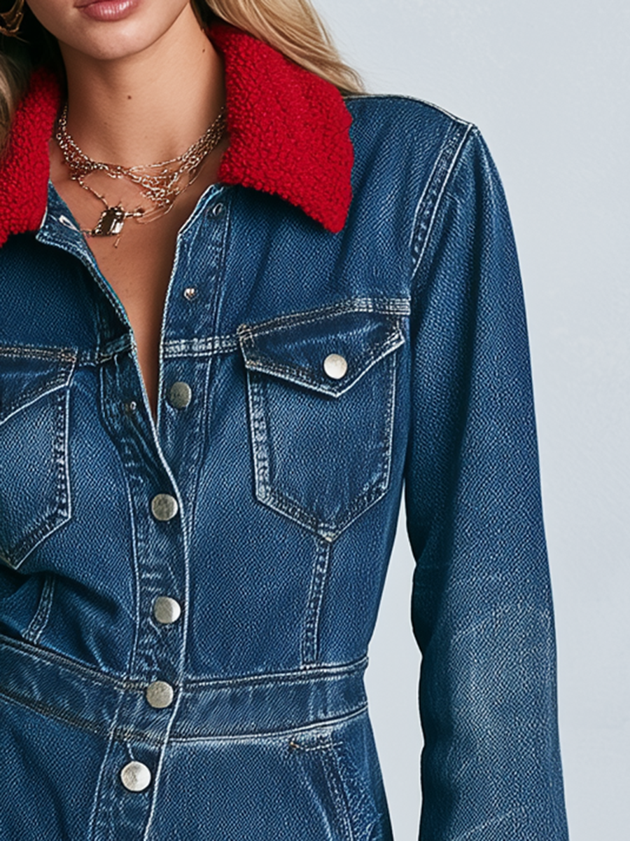 Women's Denim Jumpsuit Wide Leg Contrast Collar Frayed Hem Button Front