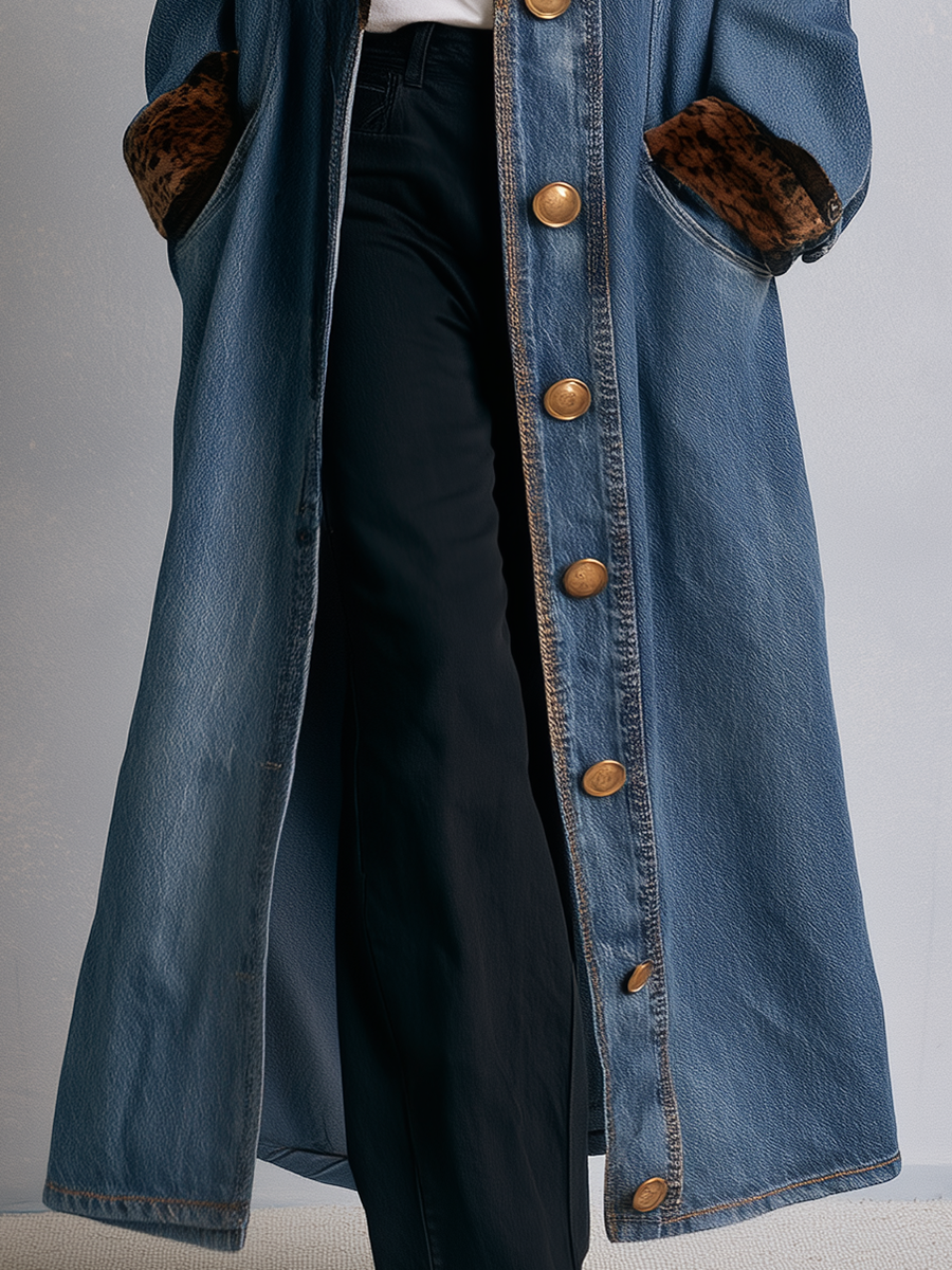 Women's Long Denim Duster Coat Leopard Faux Fur Lapel Maxi Length