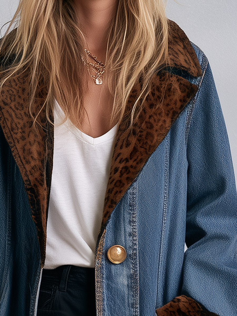 Women's Long Denim Duster Coat Leopard Faux Fur Lapel Maxi Length