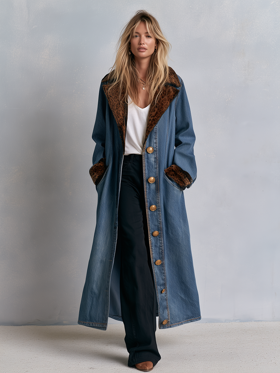 Women's Long Denim Duster Coat Leopard Faux Fur Lapel Maxi Length