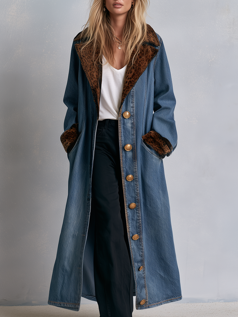 Women's Long Denim Duster Coat Leopard Faux Fur Lapel Maxi Length