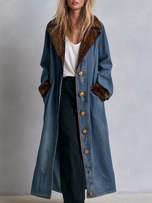 Women's Long Denim Duster Coat Leopard Faux Fur Lapel Maxi Length