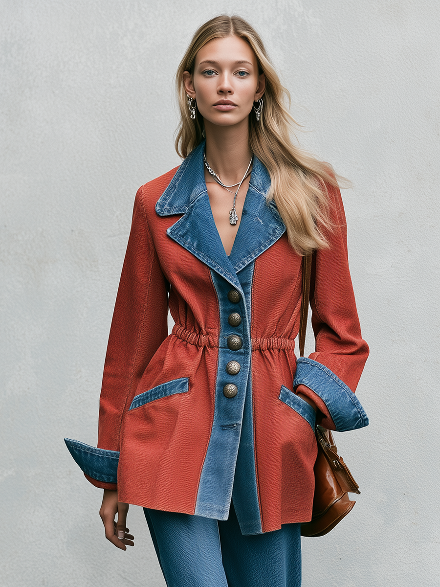 Women's Colorblock Denim Jacket Rust Blue Cinched Waist Western Flare