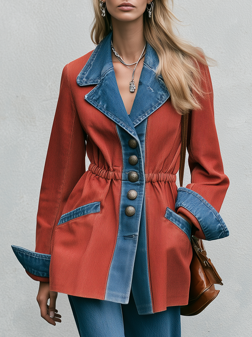 Women's Colorblock Denim Jacket Rust Blue Cinched Waist Western Flare