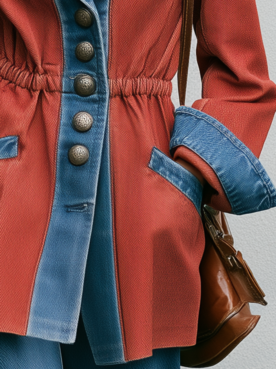 Women's Colorblock Denim Jacket Rust Blue Cinched Waist Western Flare