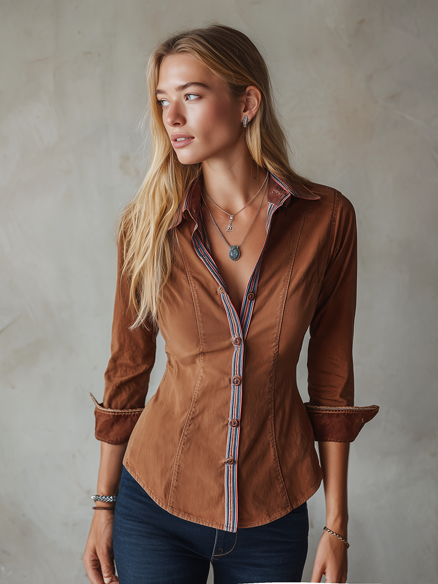 Women's Rust Button Down Shirt Striped Placket Contrast Cuffs Slim Fit